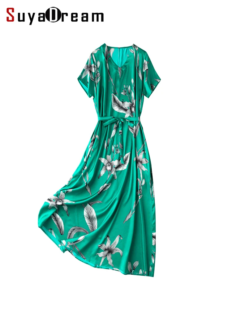 SuyaDream Women Maxi Dresses 93%Silk 7%Spandex Floral Printed V Neck Belted Long Dress 2023 Spring Summer Holiday Clothes Green