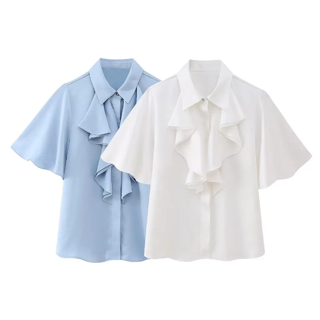 

Женская рубашка из ламинированного шелка и атласа, повседневная шикарная рубашка с коротким рукавом в стиле ретро, лето 2023