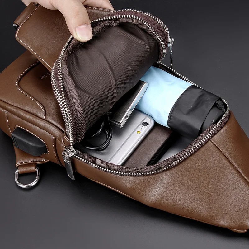Fashion Men USB Charging Shoulder Bag Vintage PU Leather Crossbody Messenger Bag Male Trendy Sports Sling Bag