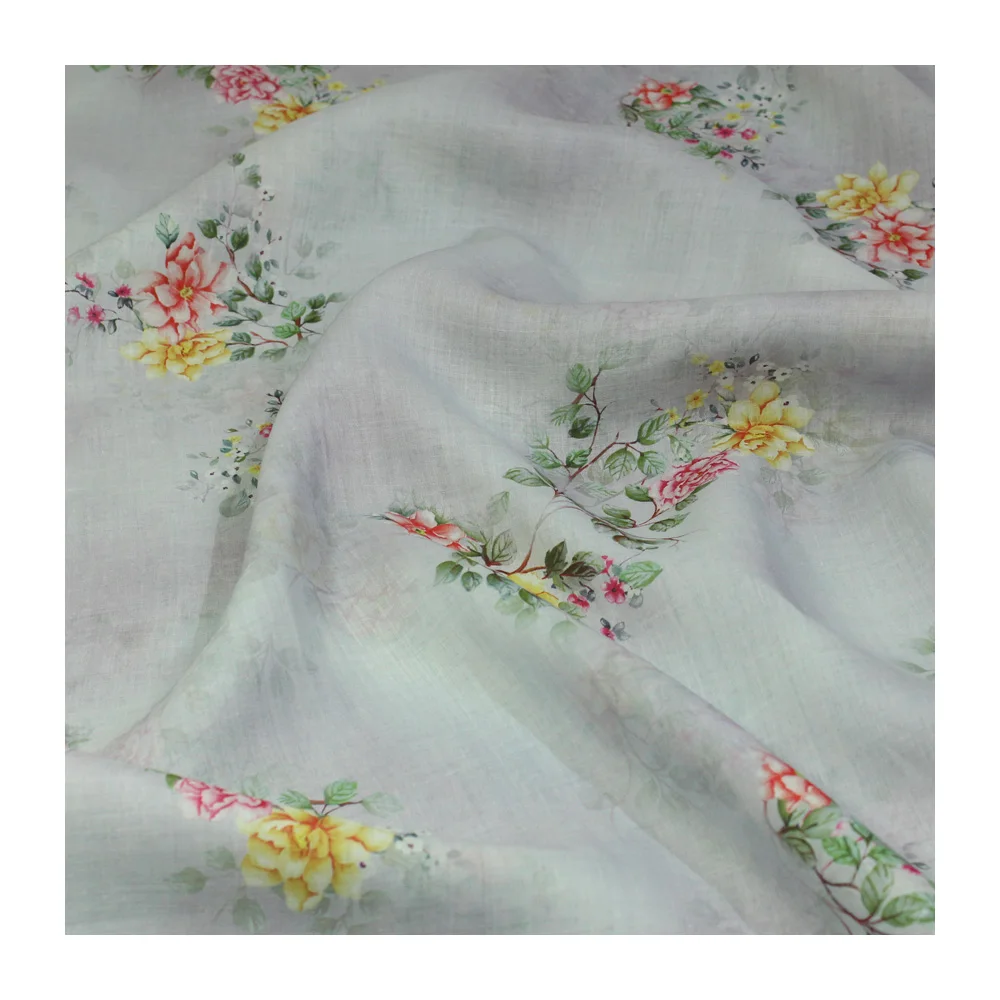 Design High-End Quality Linen Printing and Dyeing Colorful Cloth Light Gray Bottom Floral Dress Robe Clothing Fabric
