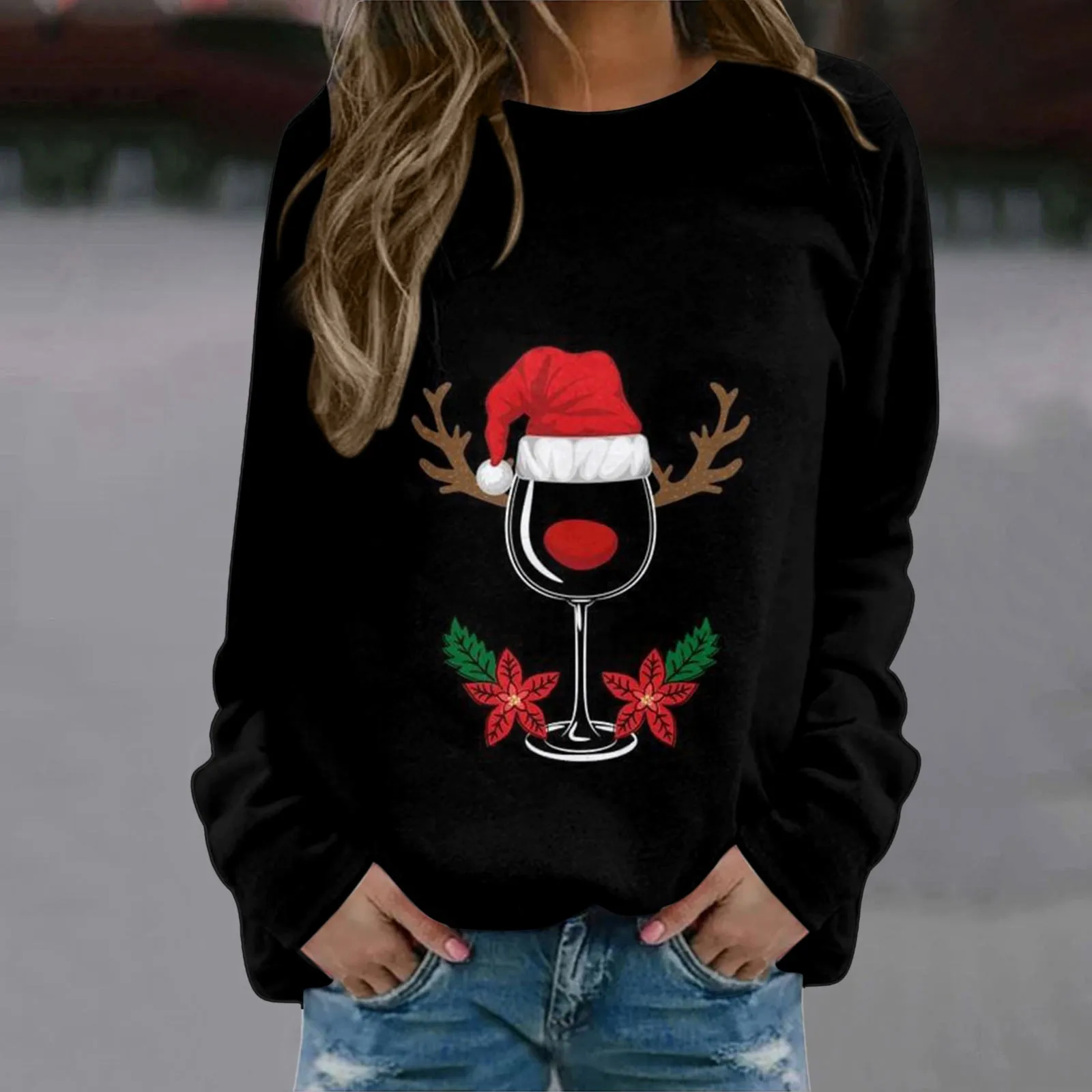 

Женские толстовки без капюшона, Женская Повседневная модная Рождественская Толстовка с круглым вырезом и длинным рукавом, Женский комплект