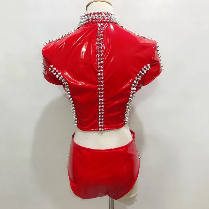 Красный Серебристый Кожаный Топы Шорты Ночной Клуб Наряд Бар Женщины DJ Певица