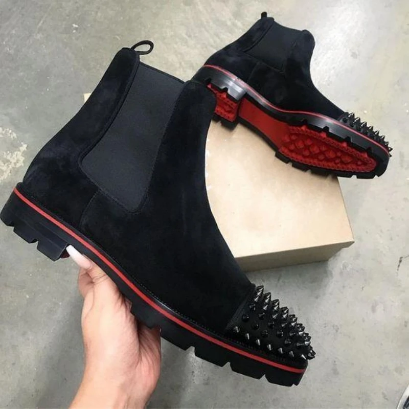 

New Black Men Chelsea Boots Flock Rivet Square Toe Red Sole Punk Handmade Men Short Boots Free Shipping Bottes Pour Hommes