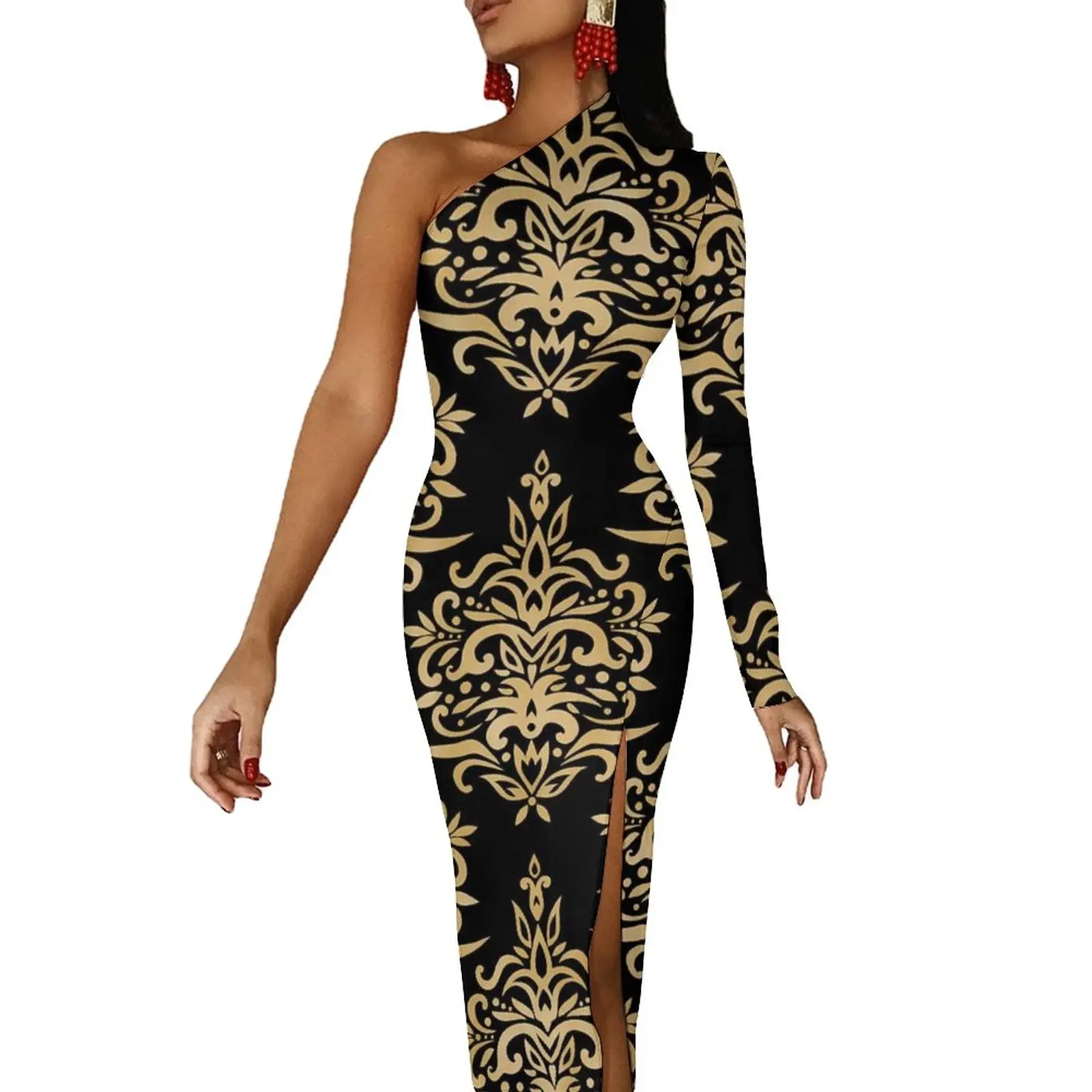 

Платье женское длинное черно-золотистое с разрезом по бокам