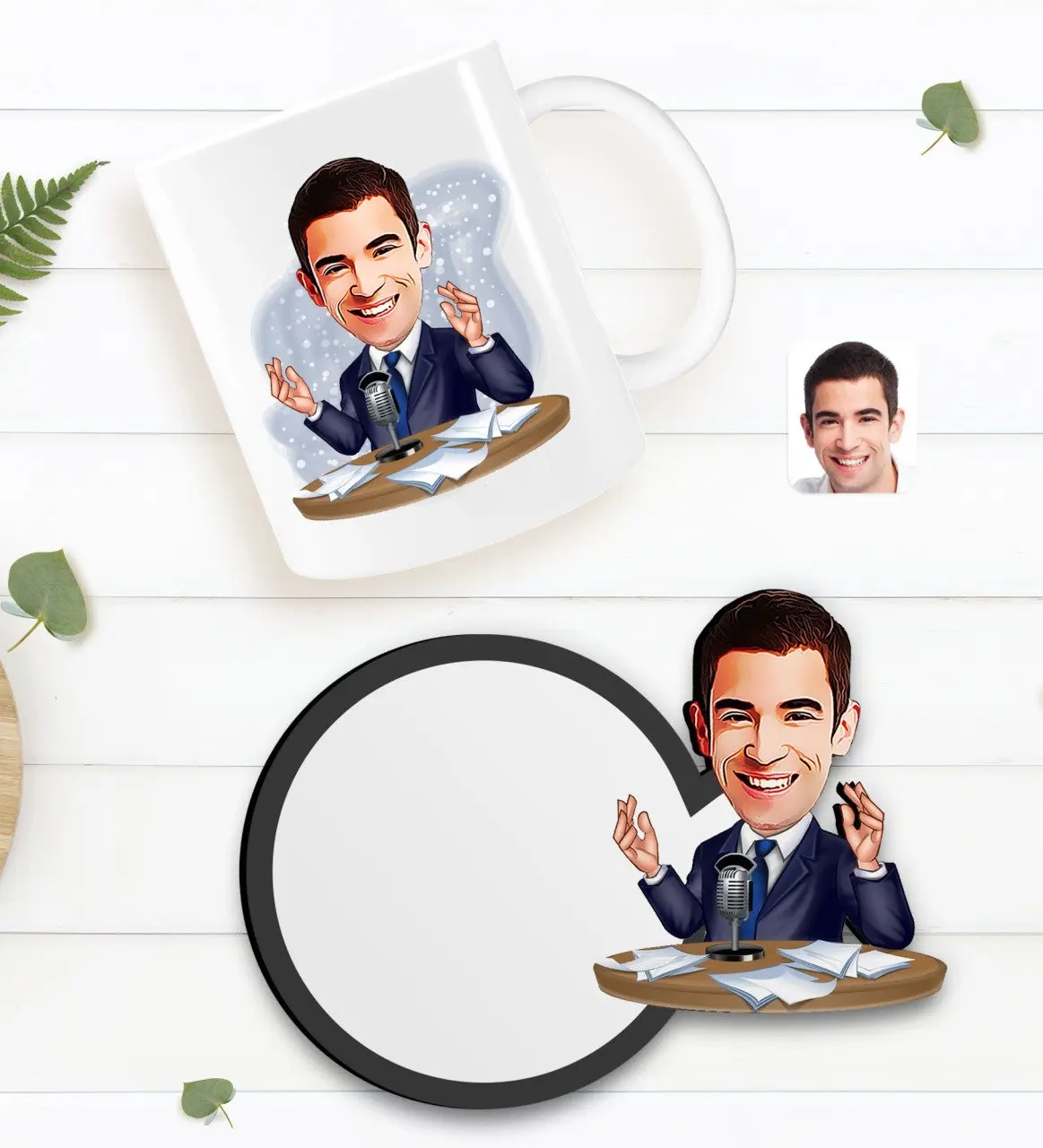 

Персонализированная Мужская карикатурная белая кружка и деревянные подставки в подарок