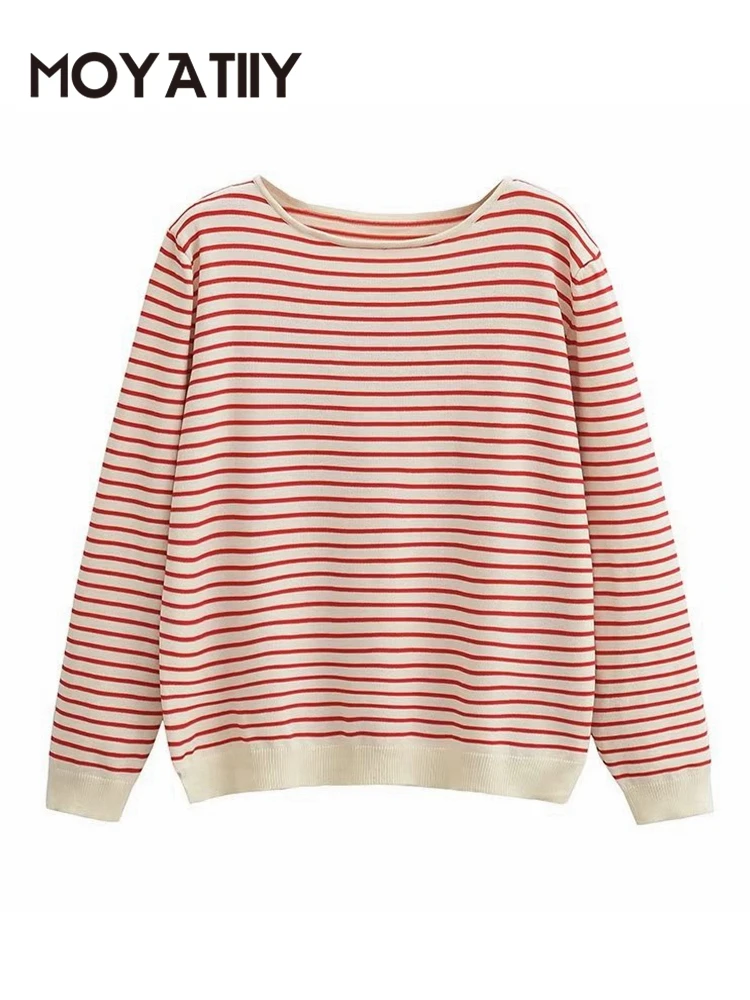 

MOYATIIY 2022 Chic Women Fashion Sweater Striped Loose Pullovers Sweater Long Sleeve Ladies Knitted Jumper Tops