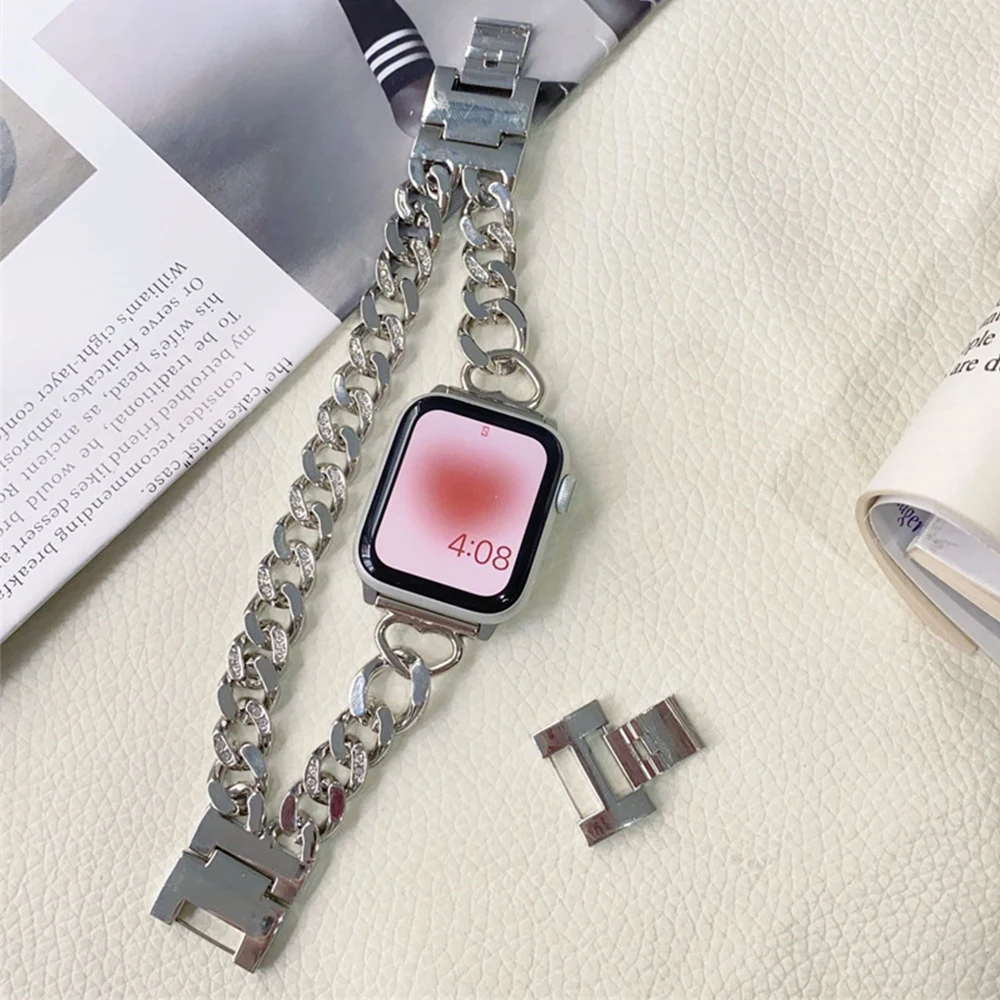 Gourmette Metal Double Strap for Apple Watch Ultra 8 7 49 41 45mm Women Metal Band Tour for IWatch Series 6 5 4 Se 40 44 38 42mm