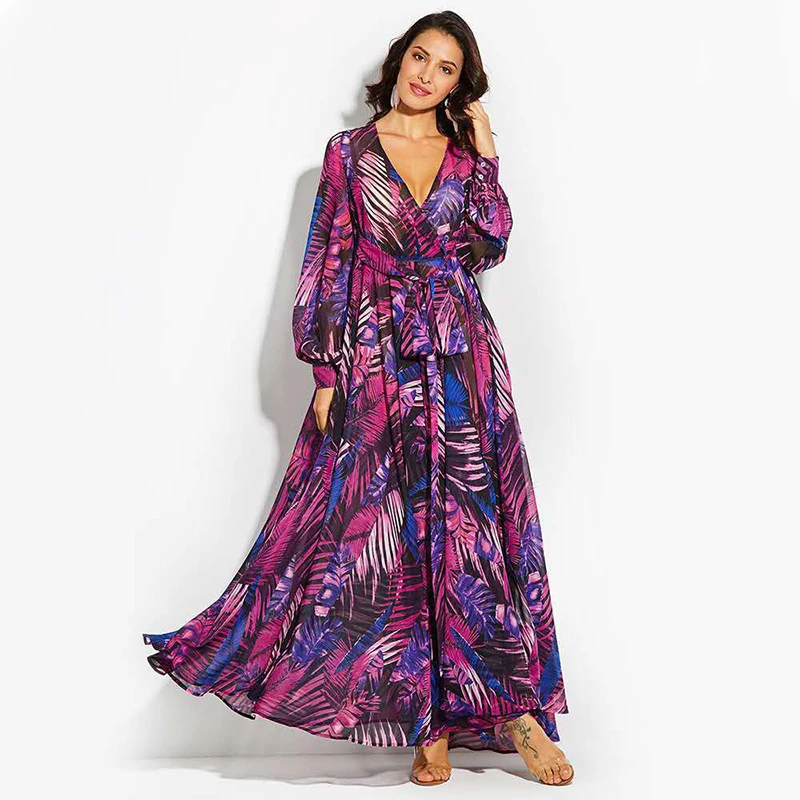 

Sexy Summer Beach V-Neck Floral Print Ruffle Long Dress Women's A-Line Bishop Sleeve Street Wear Casual Party Dress Robe