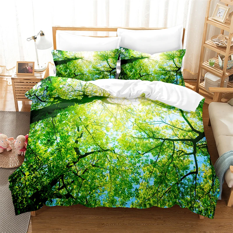 Forest Duvet Cover Set Single Queen Green Tree Bedding Set Microfiber Natural Scenery Comforter Cover for Teen Adult Room Decor