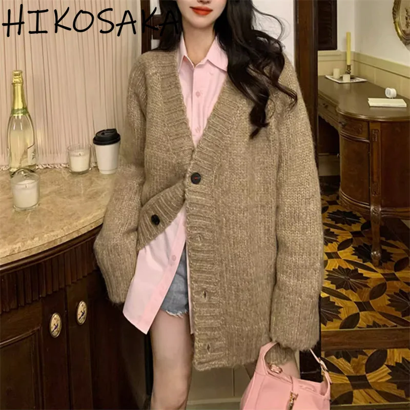 Японский однотонный вязаный кардиган Harajuku Vintaeg свитер с V-образным вырезом