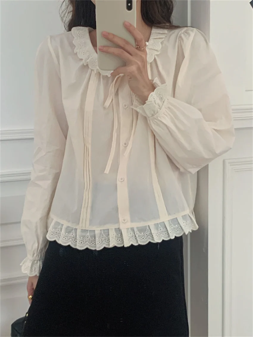 

Alien Kitty Korea Sweet Shirts Women Elegant Office Wear Lady Chic 2022 Patchwork Lace Autumn OL Loose New Casual Gentle