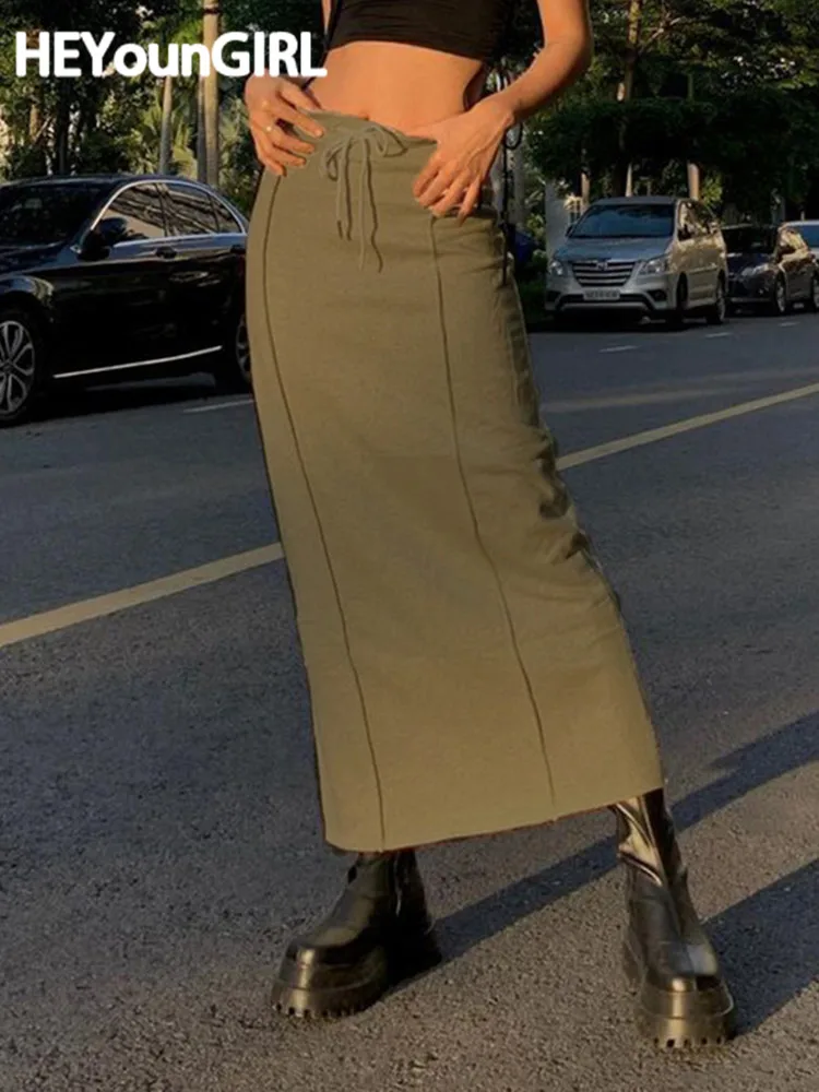 

HEYounGIRL Vintage High Street Women Long Skirt Basic Fashion Y2K Straight Skirts Casual Retro Drawstring Knit Autumn Clothes