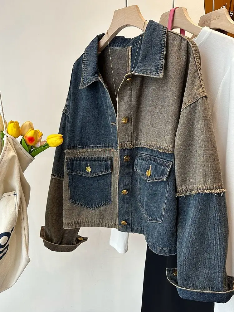 Модные Винтажные куртки в стиле пэчворк контрастных цветов с Необработанными