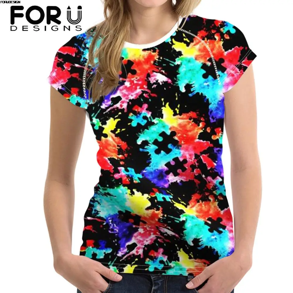

FORUDESIGNS Awareness Theme Puzzle 3D Printed Casual T Shirt Summer Women Short Sleeve Tops Tee Shirts Girls Female Tshirts