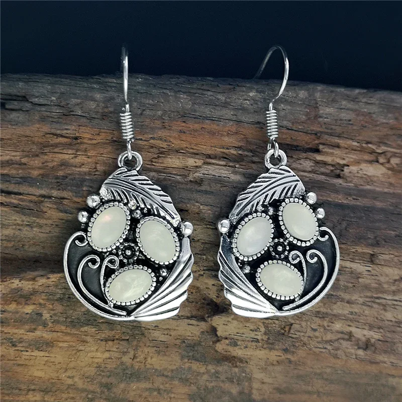 Винтажные этнические геометрические перья и листья лунный камень висячие серьги