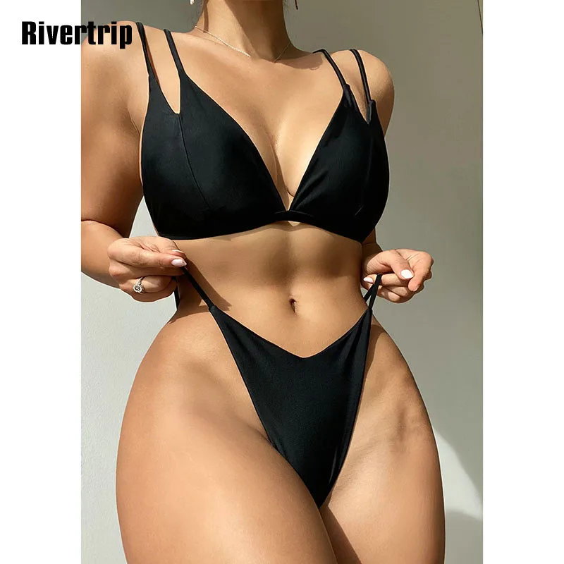 

Пикантные бикини Rivertrip, стринги, женские купальники, купальники с высокими штанинами, черная пляжная одежда, бикини с V-образным вырезом, жен...