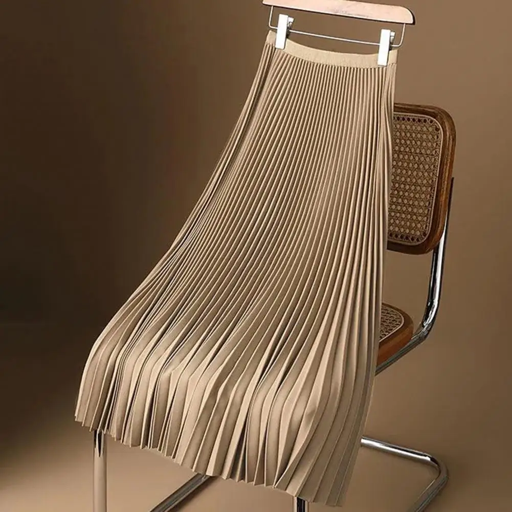 

Women Vintage Midi Skirt Wide Elastic Waistband High Waist Pleated A-Line Skirt Solid Color Smooth Satin Long Skirt