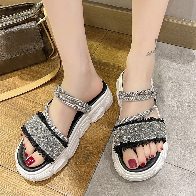 

Rimocy Fashion Crystal Women's Sandals with Straps Summer 2022 Platform Slipper Sandals Woman Rhinestone Slides Sandalias Mujer