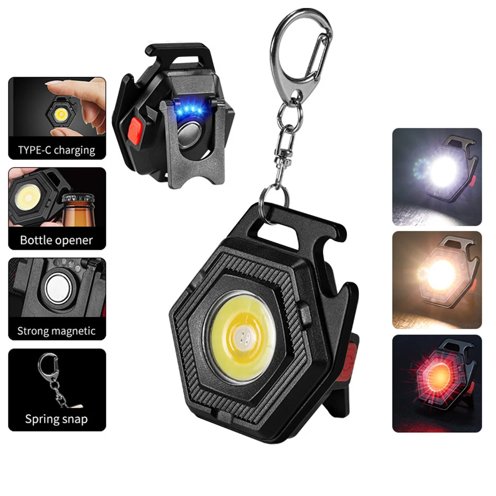

USB Rechargeable COB LED Mini Keychains Flashlight with Hook Waterproof Portable Pocket Work Lamp Torch for Outdoor Camping