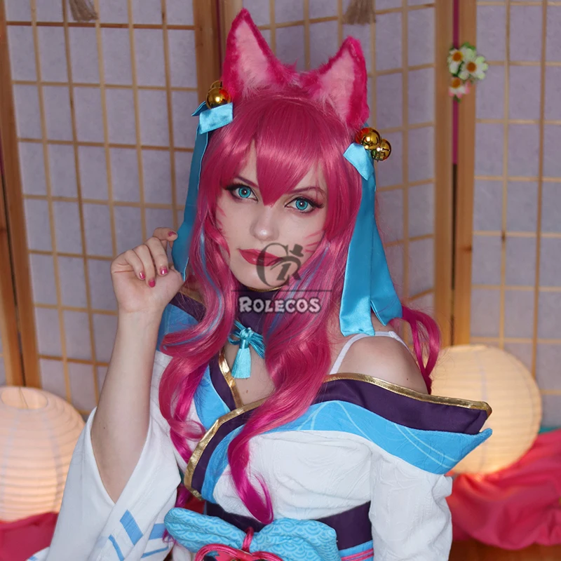 Фото ROLECOS Game LOL Spirit Blossom Ahri Косплей Парики Ahri 75 см Женские длинные волнистые смешанные розовые парики Cos Термостойкие синтетические волосы №4