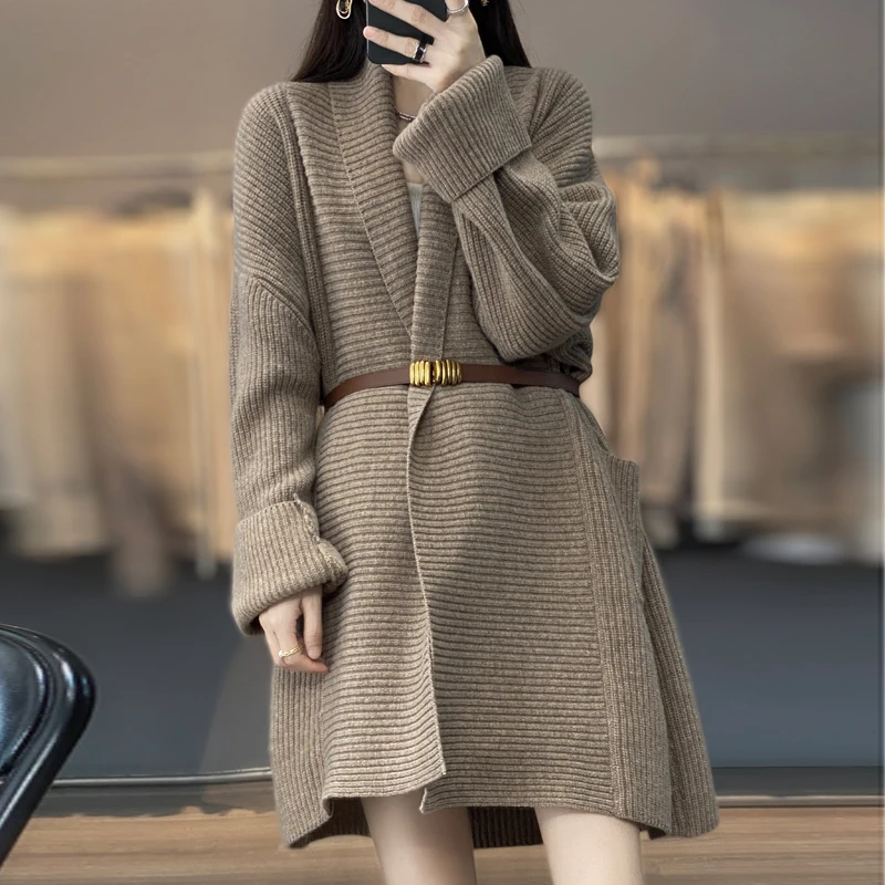 Женское пальто из 100% чистого кашемира осень/зима средней длины свободного покроя