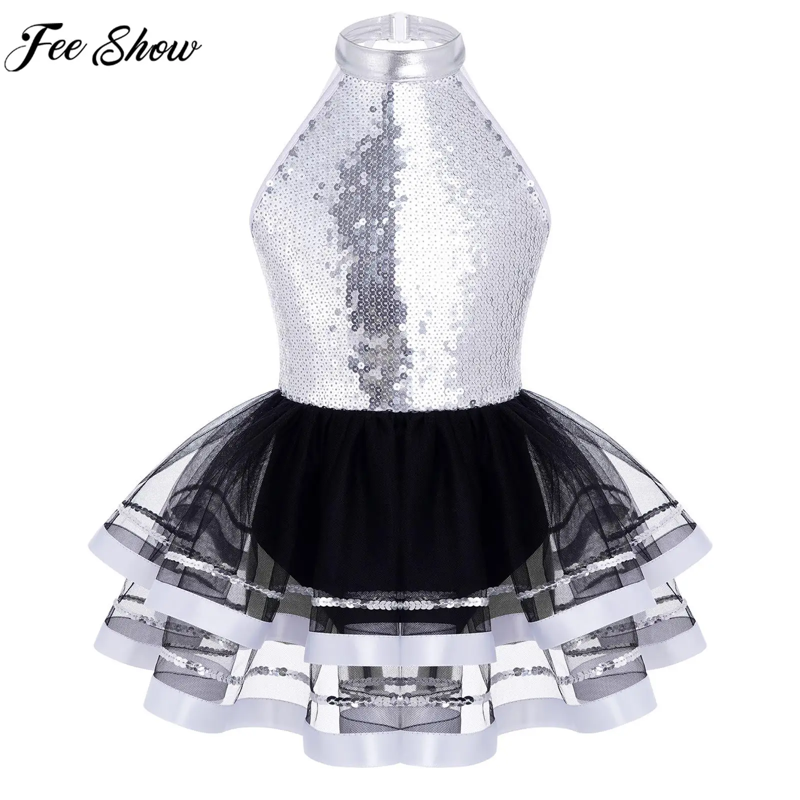 

Kids Girls Ballet Dance Gymnastic Leotard Dress Sleeveless Backless Shiny Sequin Tutu Dress Skating Stage Performance Dancewear