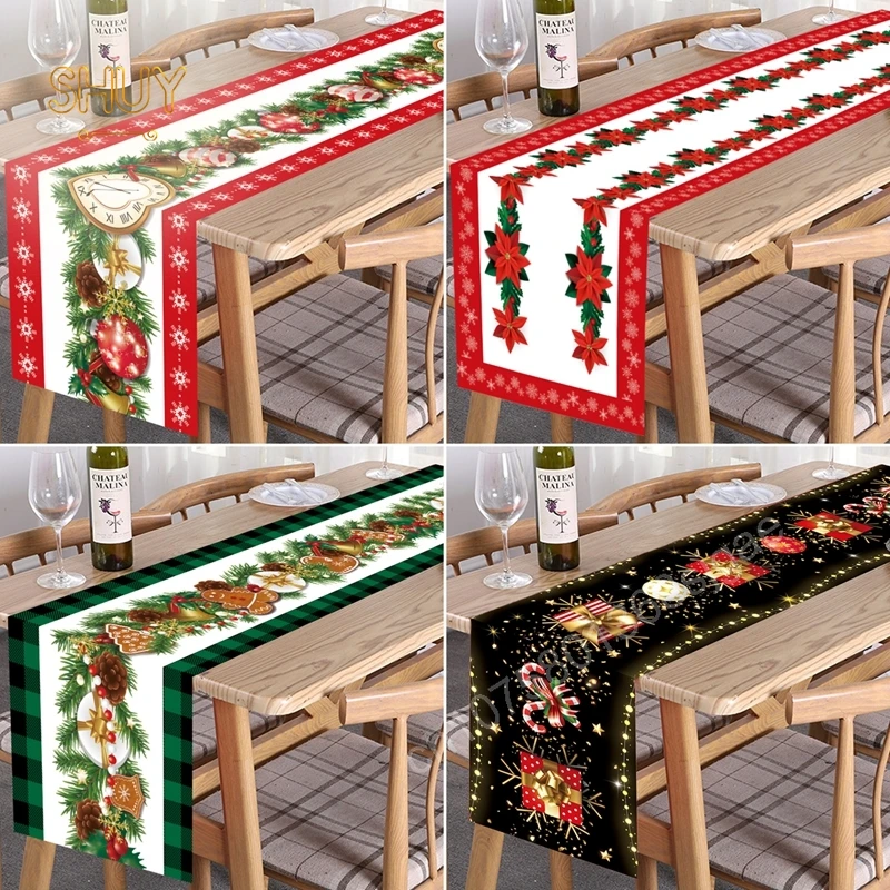 

Merry Christmas Safflower Pine Leaves Table Runner with Red Buffalo Plaid Wedding Decorations Dining Placemat Tablecloth Decor