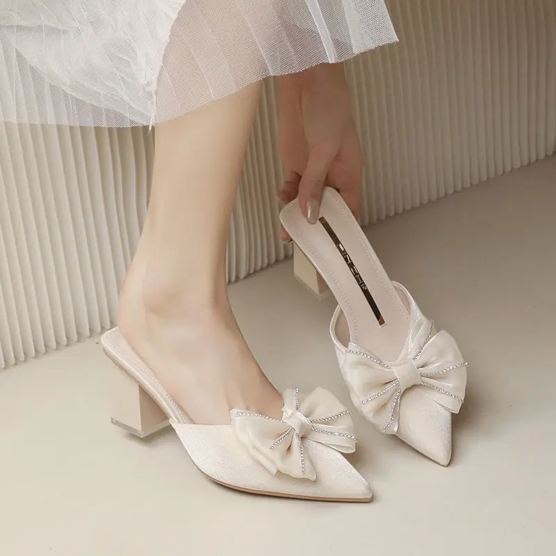 

Элегантные женские шлепанцы-мюли с острым носком на массивном каблуке, туфли-лодочки 4 см на высоком квадратном каблуке, летние новые сандал...