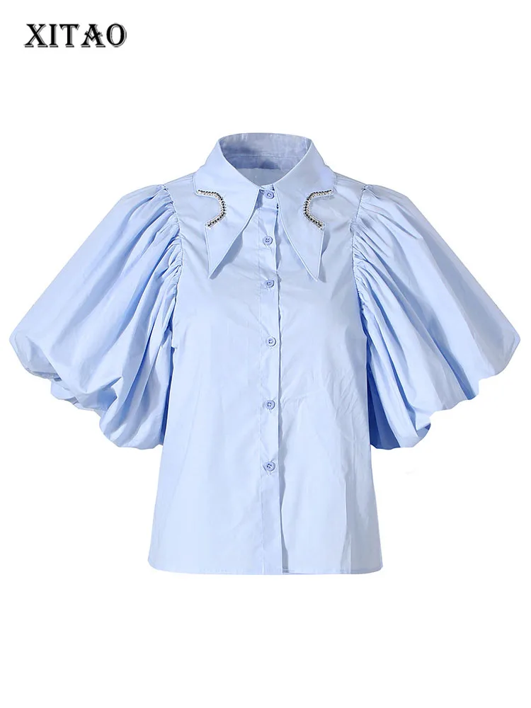 

XITAO Ruffle Blouse Single Breast Solid Color Goddess Fan Split Irregular Minority 2022 Summer Minority Loose Shirt WLD8022