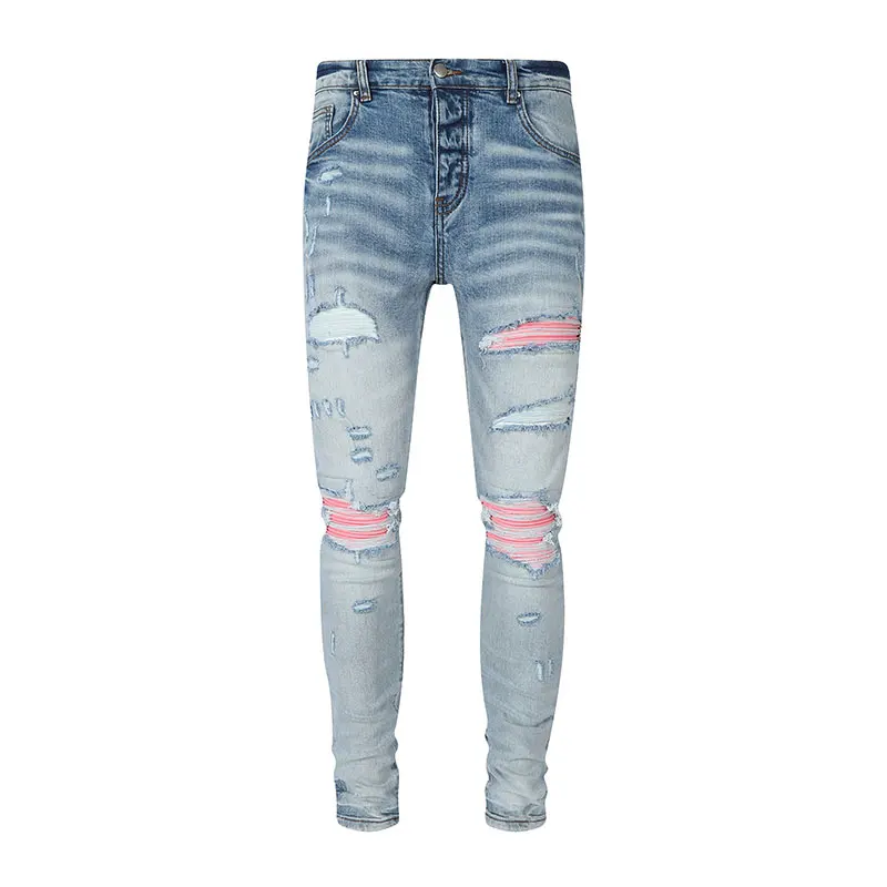 Street Fashion Men Jeans Retro Light Blue Stretch Skinny Fit Ripped Pink Leather Patched Designer Brand Hip Hop Pants