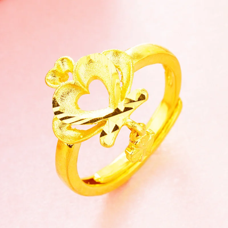 

Korean Version Sand Gold Crown Opening Ring Fashion Plated 24k Real Gold Peach Heart Ring Jewelry for Girls Anillo