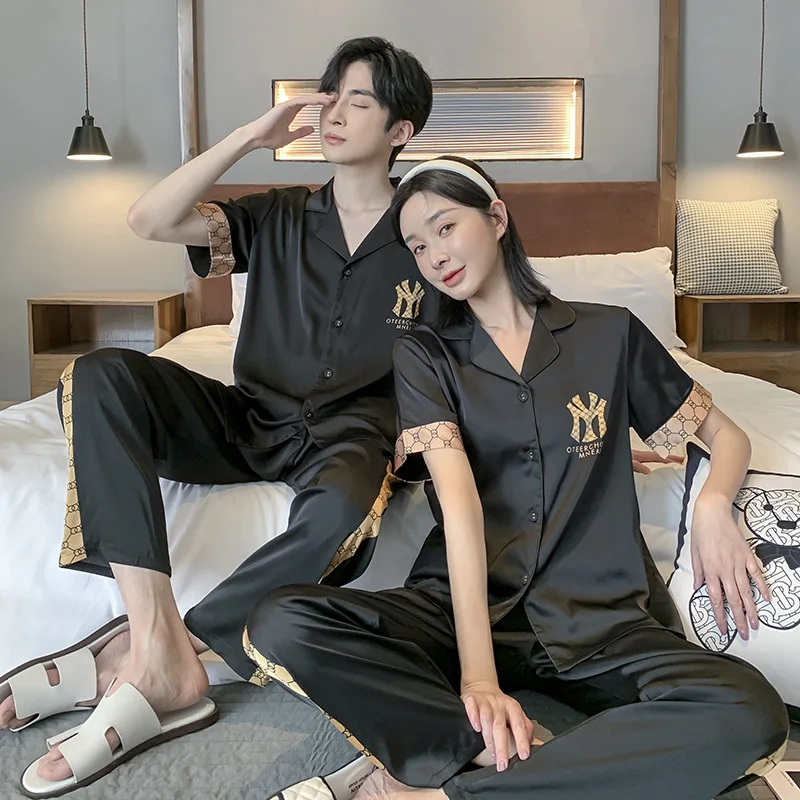 New Satin Chiffon Silk Couple Pajamas 2023 Spring/Summer Men's and Women's Short Sleeve Pants White Black Set