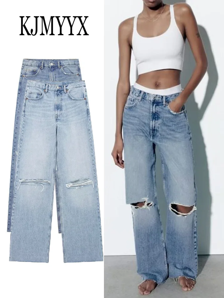 

KJMYYX Women Fashion High Waist Zipper Wide Leg Jeans 2023 Summer Female Vintage Distressed Raw Edge Y2k Denim Mop Pants Trouser