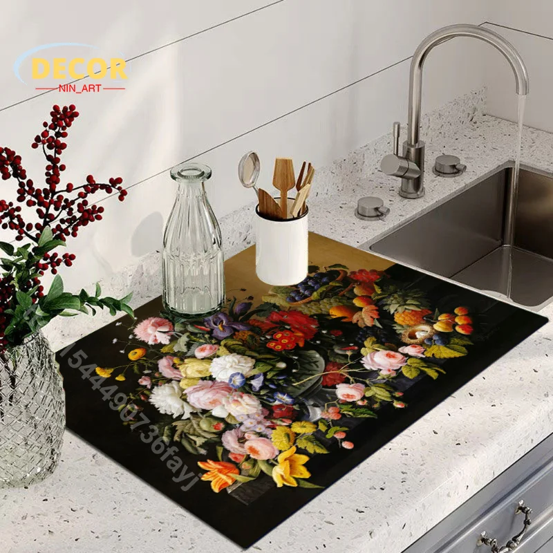 

Flower Paintings Dish Drying Mat Drain Pad for Floral Flowers Super Absorbent Diatomic Washable Aesthetic Decoration Room Decor