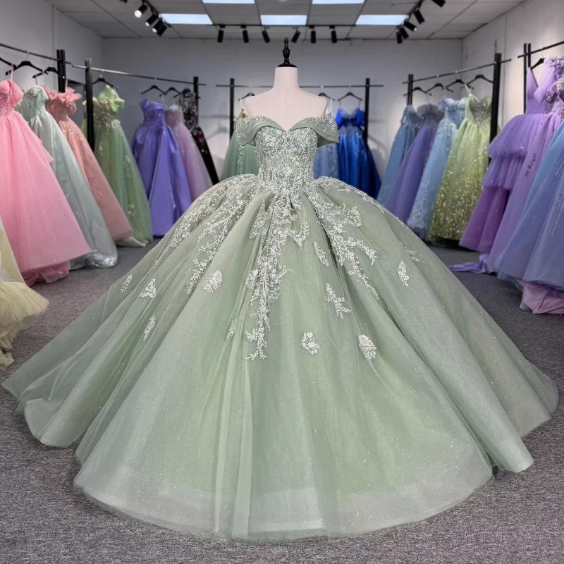 Мятно-зеленое бальное платье в форме сердца платья Quinceanera с открытыми плечами