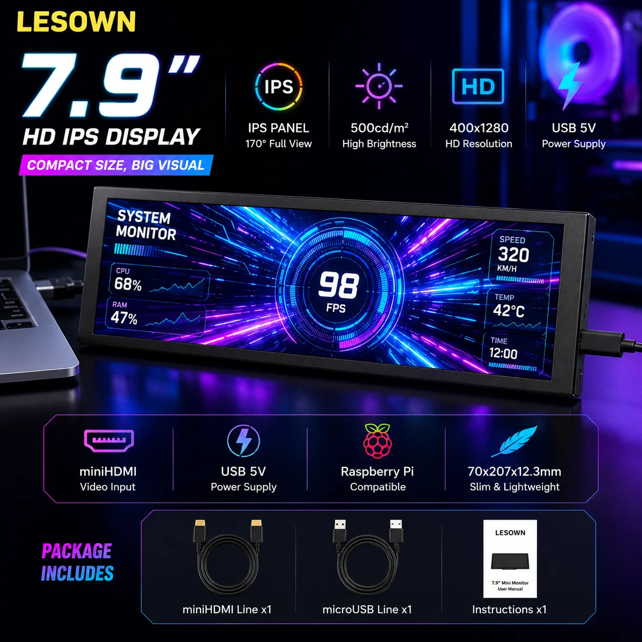 Фото Внешний экран LESOWN без драйверов, черный, 7,9 дюйма, для Raspberry Pi, DIY, HDTV, 1280x400, 5:16 №1