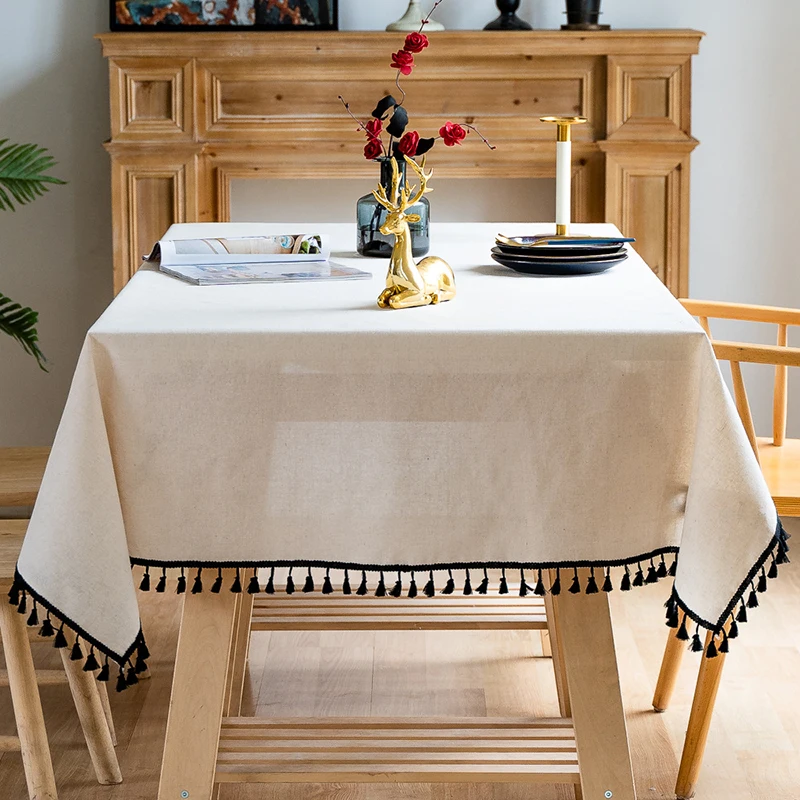 

Solid Color Black Tassel Tablecloth Pure Beige Dust-Proof Shrink-Proof Table Covers for Kitchen Dining Farmhouse Tabletop TJ7643