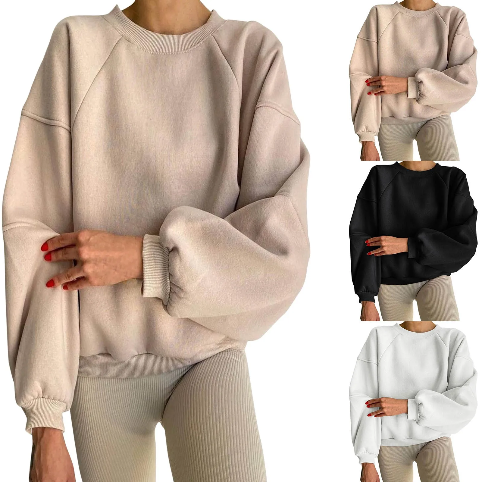 

Women Casual Hoodless Sweatshirt Round Neck Loose Long Sleeves Pullover Hoodless Ladies Solid Color Simple Versatile Sports Tops