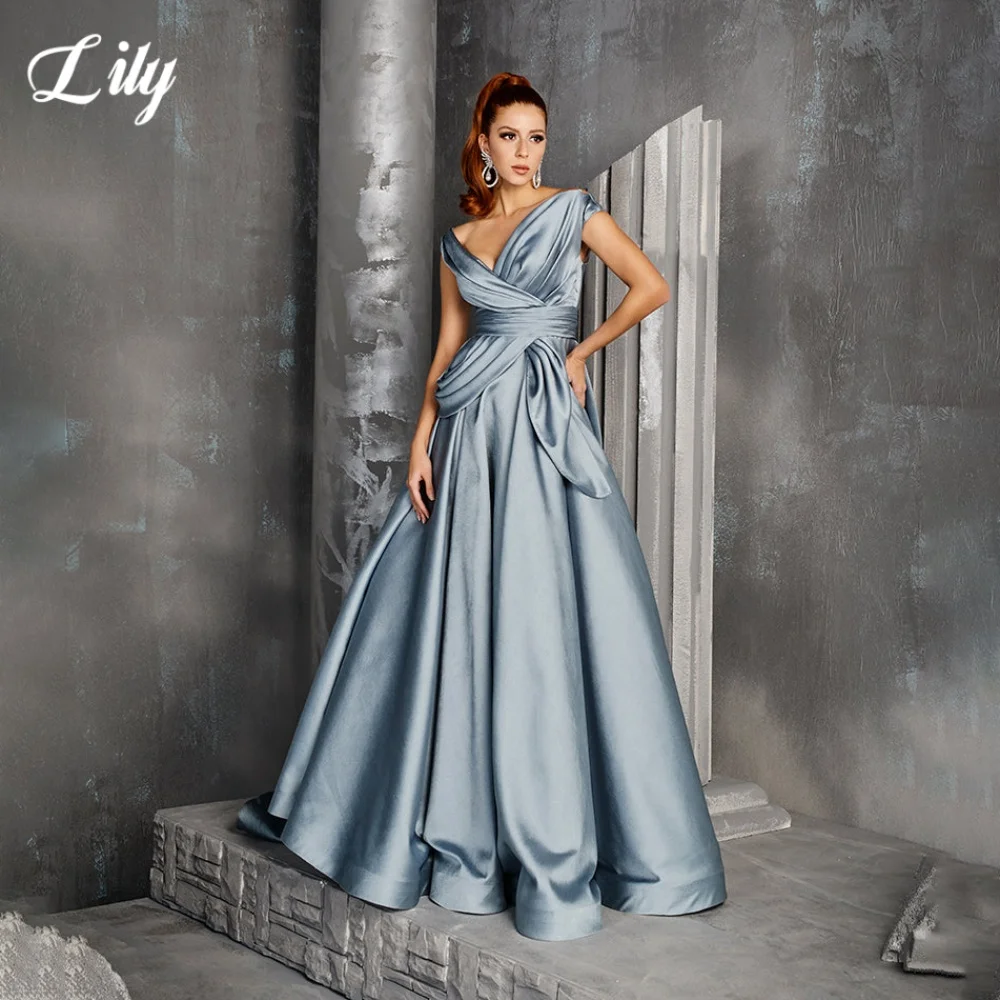 Элегантное платье для выпускного вечера Lily Blue с v-образным вырезом и открытой