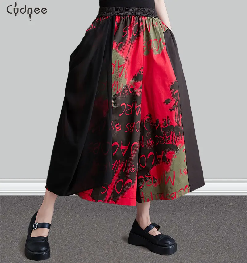 Женские летние широкие брюки-палаццо с высокой талией для отдыха в стиле пэчворк