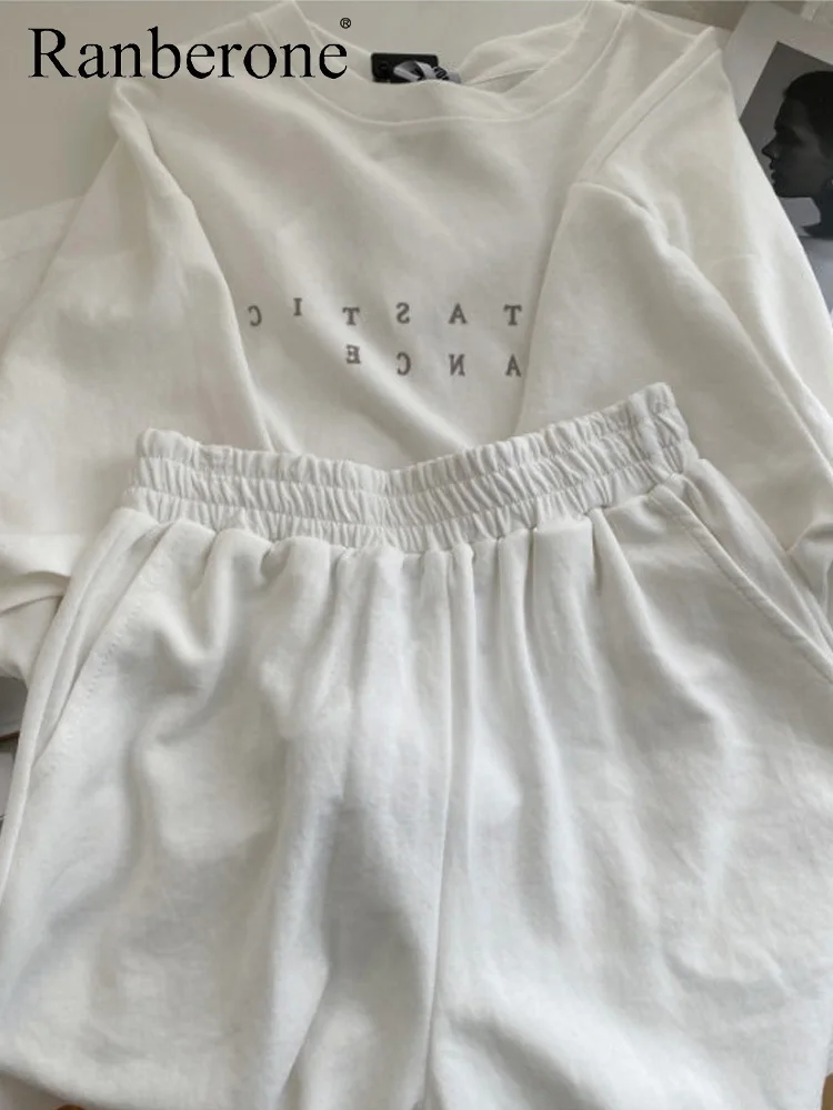 Ranberone Women O Neck Letter Short-sleeved T-shirt and Shorts Suit Summer New loose Casual Two-piece Sets Korean Women's Sets