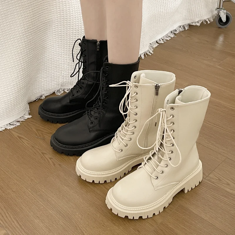 

Gothic Shoes Black PU Leather Ankle Boots Women Autumn Winter Round Toe Lace Up Shoes Woman Fashion Motorcycle Platform Boots