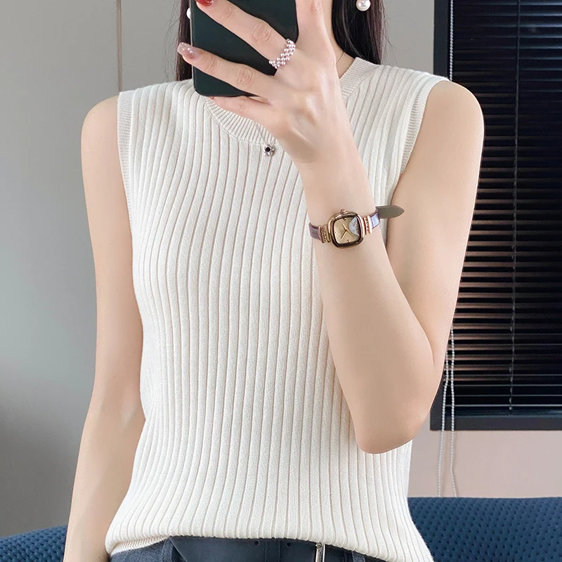 

Knitted Vest Women's 2023 Spring New Round Neck Inner Jacket Short Sleeveless Striped Suspender Cotton Bottom Shirt