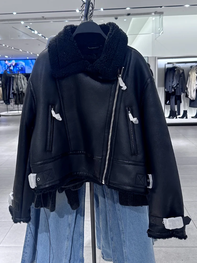 

FTLZZ новая осенне-зимняя женская уличная короткая куртка из искусственной кожи с мехом ягненка женская модная повседневная теплая байкерская куртка