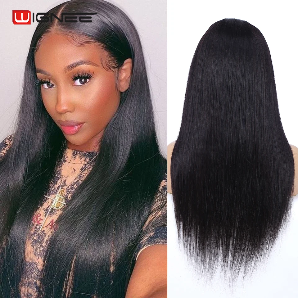 Wignee Long Straight Human Hair Wigs 4×4 Lace Closure Natural Black Wig For Women 20 26 Inch Brazilian Hair Pre-Plucked Hairline