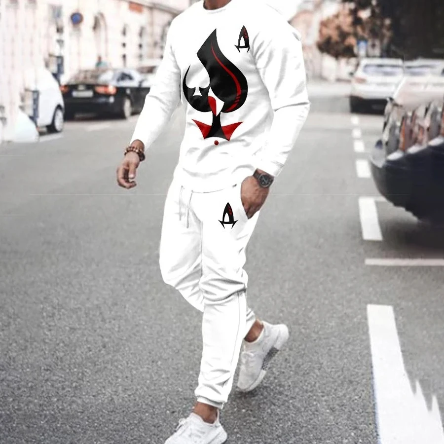 Men's Long Sleeve Shirt Set Spring Autumn O Neck Tracksuit 3D Poker Printing Funny Streetwear Outfits Plus Size Jogging Suit