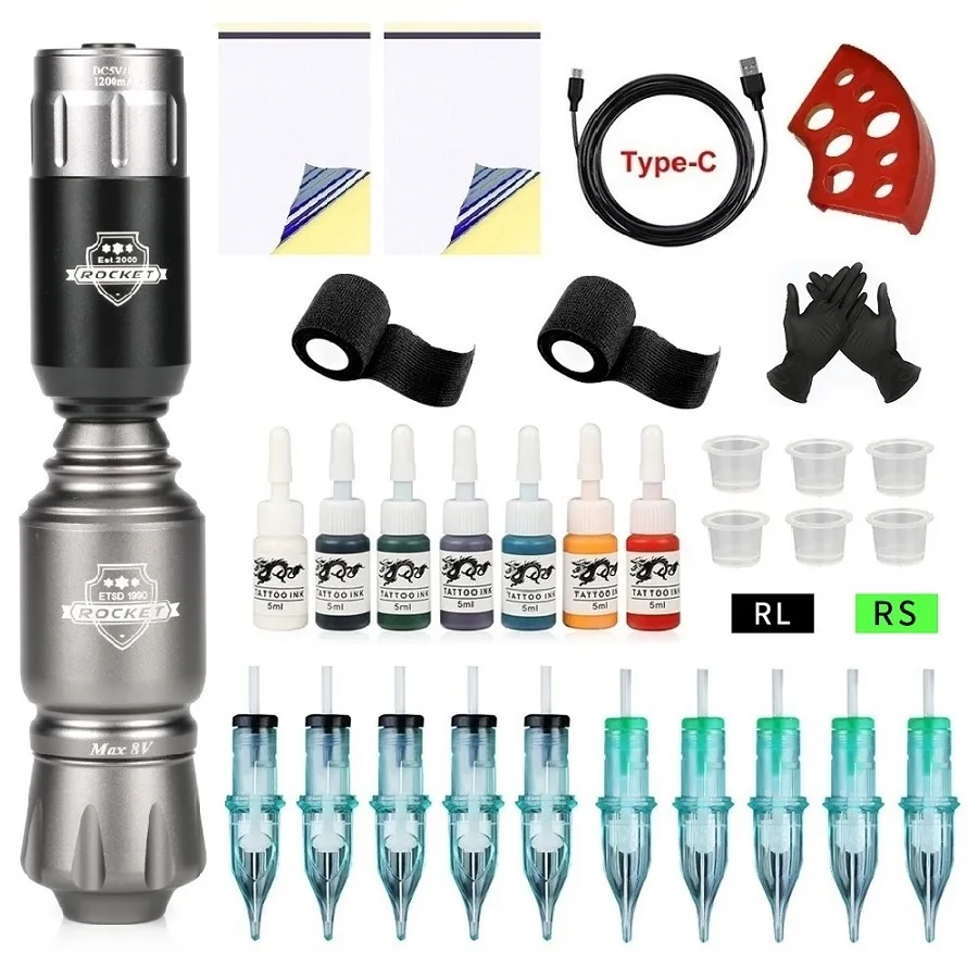 

Rocket Mini V3 Tattoo Machine Set Wireless Tattoo Power Supply With 10PCS Cartridge Needles Professional Rotary Tattoo Pen Kit