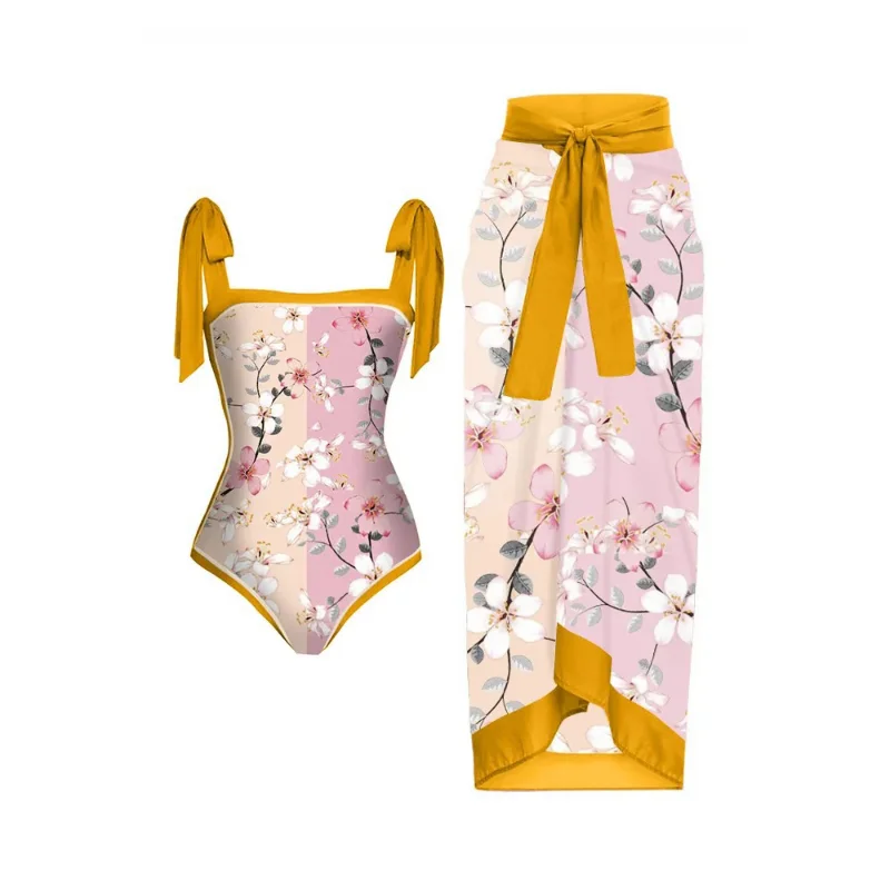 2023 New Fashion One Piece Swimsuit Swimwear with Skirt Women Retro Holiday Bowknot Monokini Beach Dress Cover Up Bathing Suit