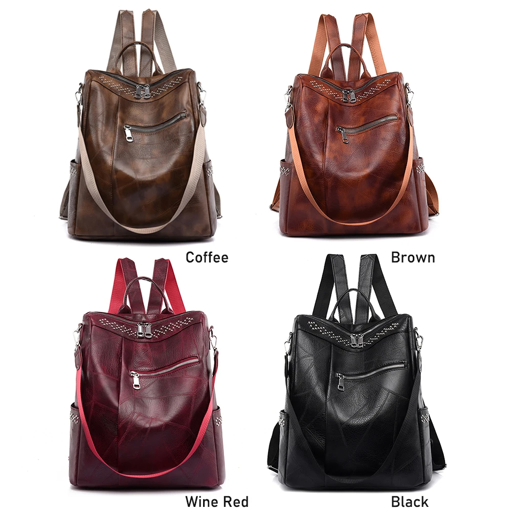 

Women Casual PU Leather Backpack Preppy Style Solid Color Large Capacity Handbag