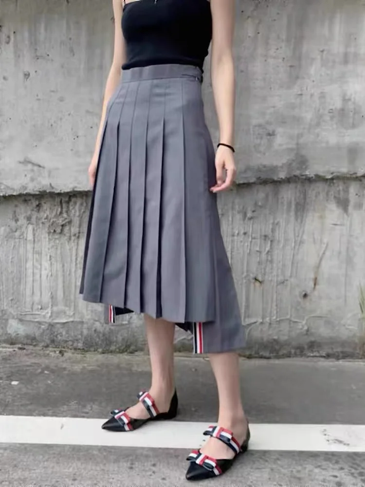 Spring and summer TB mid-length A-line gray split high waist thin long pleated irregular skirt